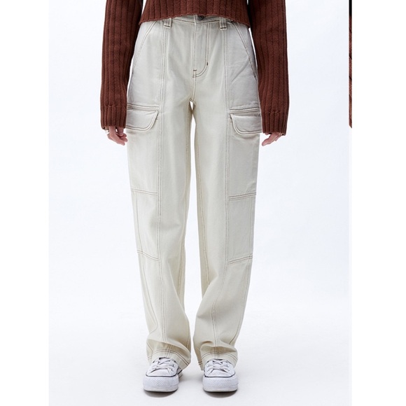 PacSun Utility Cargo Baggy Pants in Bone with Brown Trim Size Small Carpenter - Picture 1 of 15